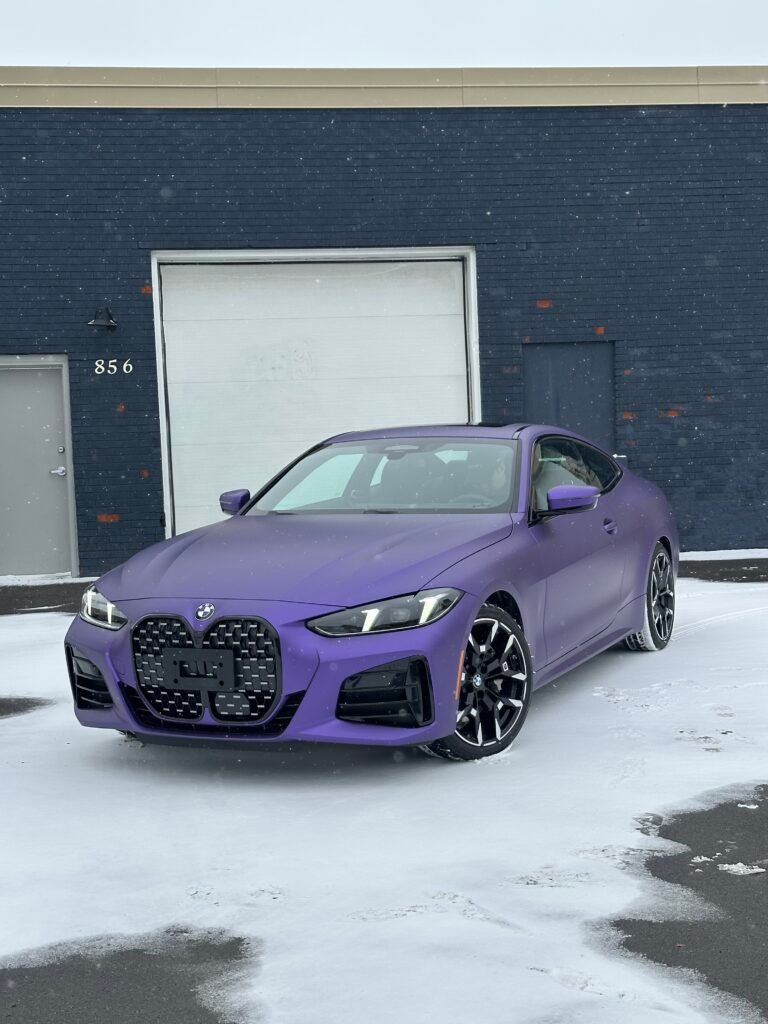 BMW 430i with a full purple matte metallic vinyl wrap conversion in Ottawa.