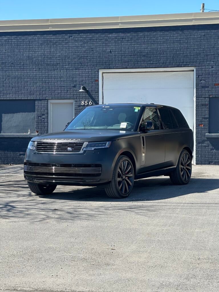 2026 Range Rover SVR featuring a full satin black vinyl wrap conversion in Ottawa.