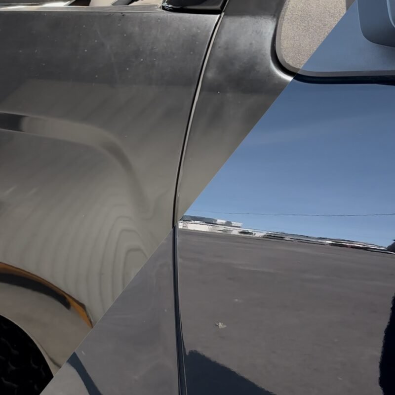 Before and after split screen showing automotive paint correction and swirl mark removal in Ottawa.